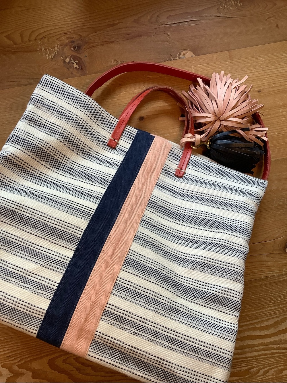 Clare V Simple Cotton Stripe Tote w/Leather Handles, Strap & Tassels